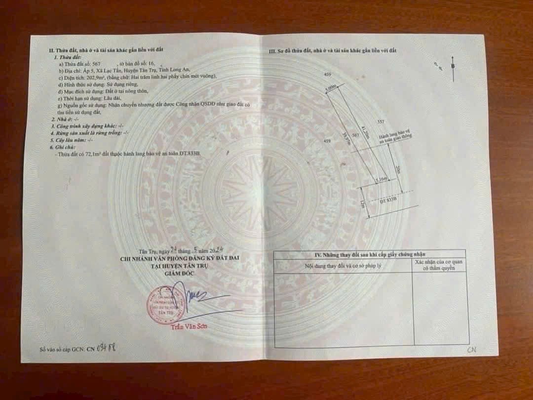 Bán nền thổ cư mặt tiền  tỉnh lộ 833B , xã Lạc Tấn, Tân Trụ dt 200m2 giá 1,7 tỷ 2